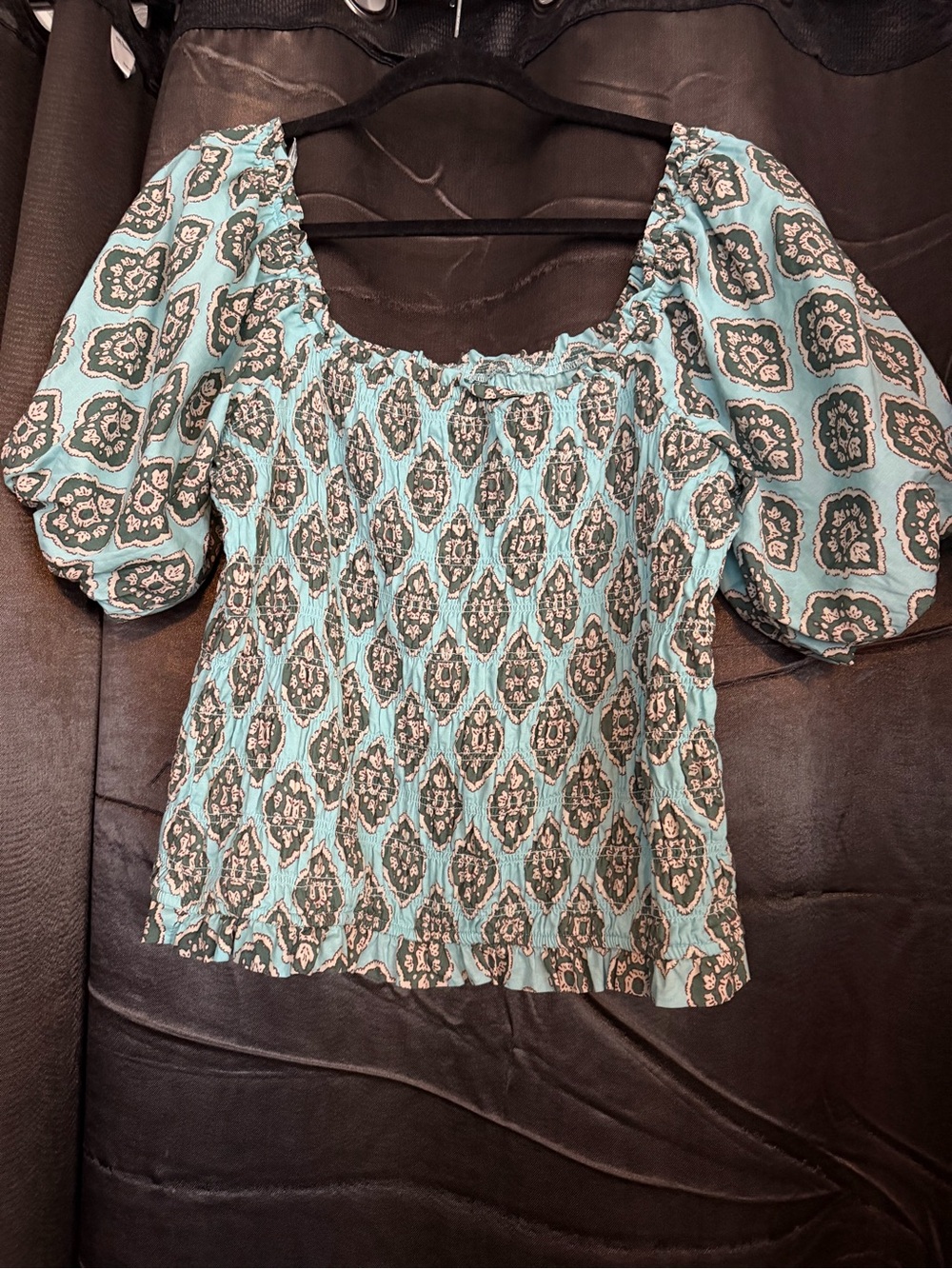 Maurices Aqua, Cream and Brown Medallion Peasant Top
